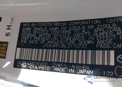 2020 Toyota Prius Xle z USA, uszkodzony, nr VIN JTDKARFU8L3110737